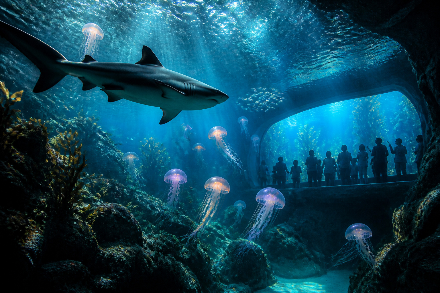 Requins et meduses dans un aquarium