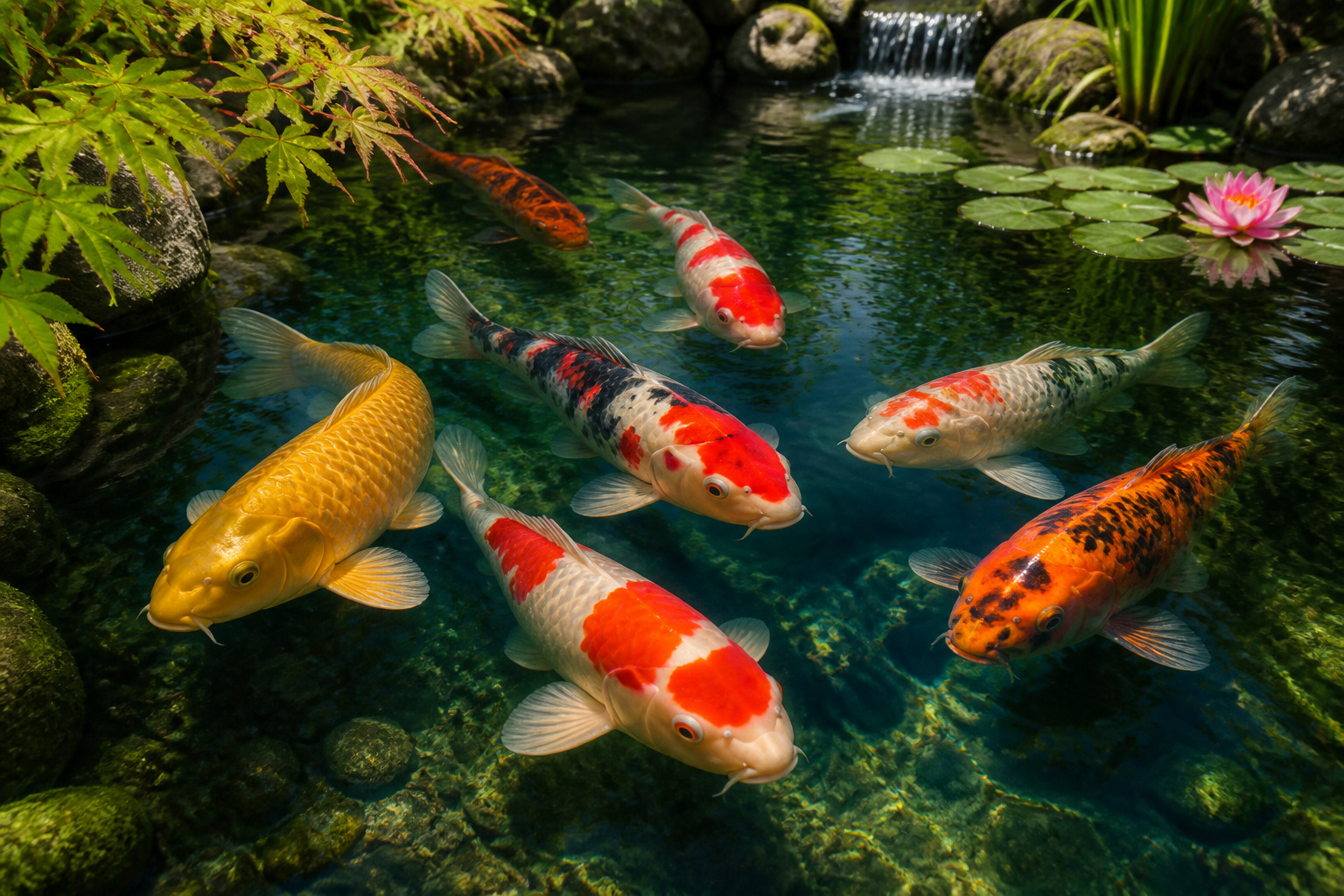 Bassins de koi eclatants dans un jardin japonais