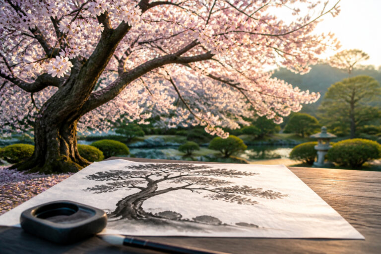 Sakura et art sumi e au jardin