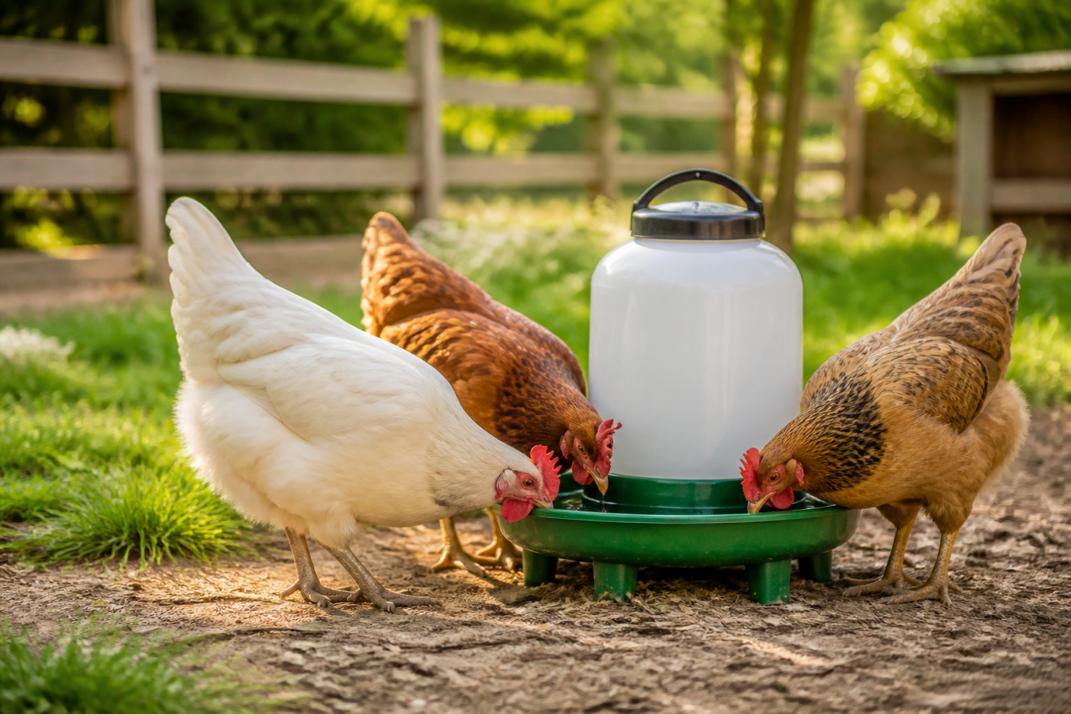 Poules buvant a un abreuvoir moderne