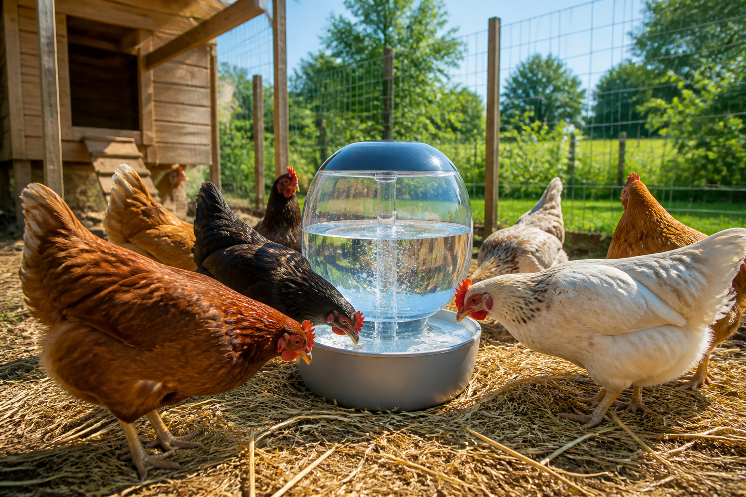 Poules sabreuvant a un distributeur moderne
