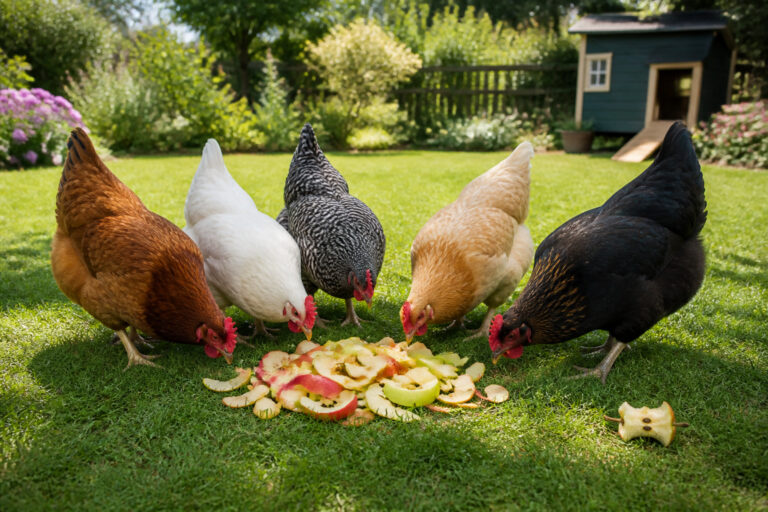 Poules gourmandes degustant des pelures de pommes