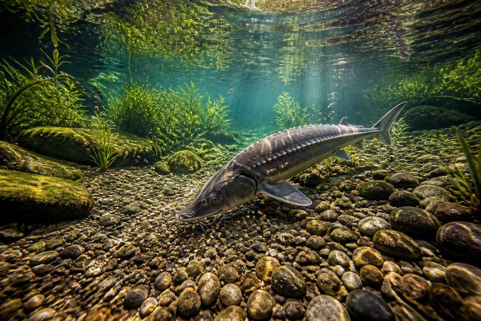 Esturgeon nageant dans une eau cristalline