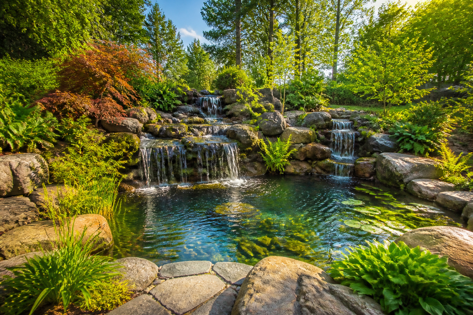 Cascade deau dans un jardin luxuriant