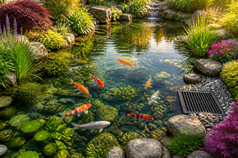 Etang de jardin paisible avec des carpes koi