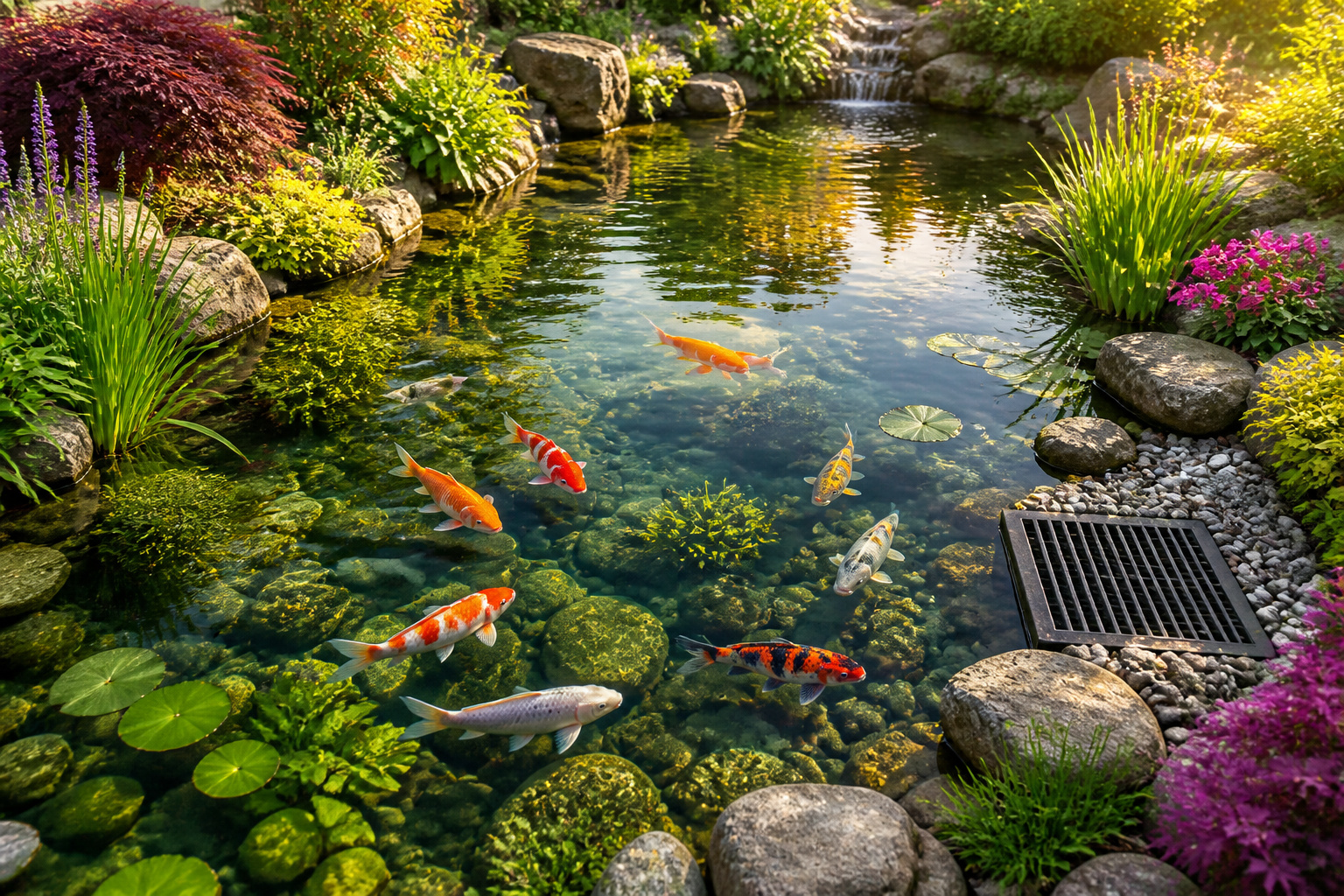 Etang de jardin paisible avec des carpes koi