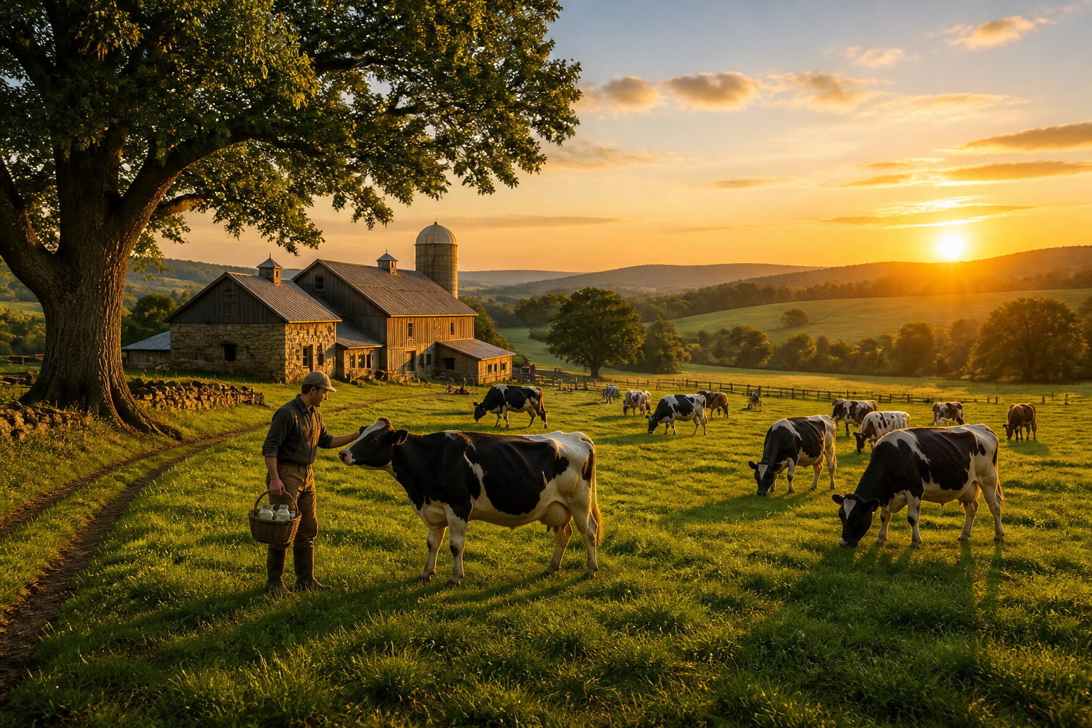 Ferme laitiere bio au coucher du soleil