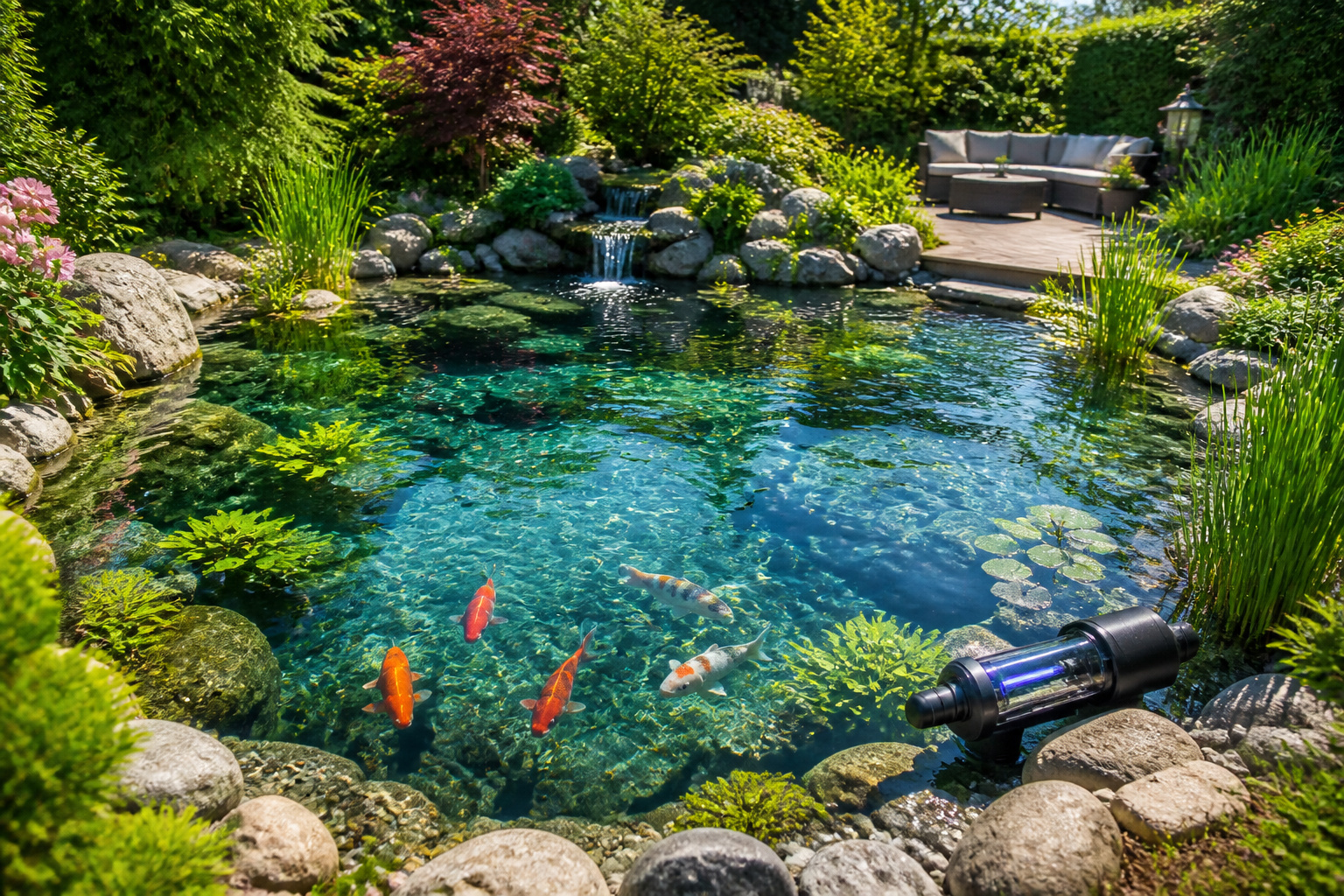 Etang de jardin cristallin avec poissons koi
