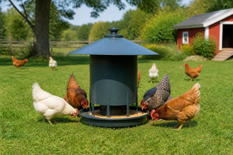Poules et distributeur de nourriture anti pluie