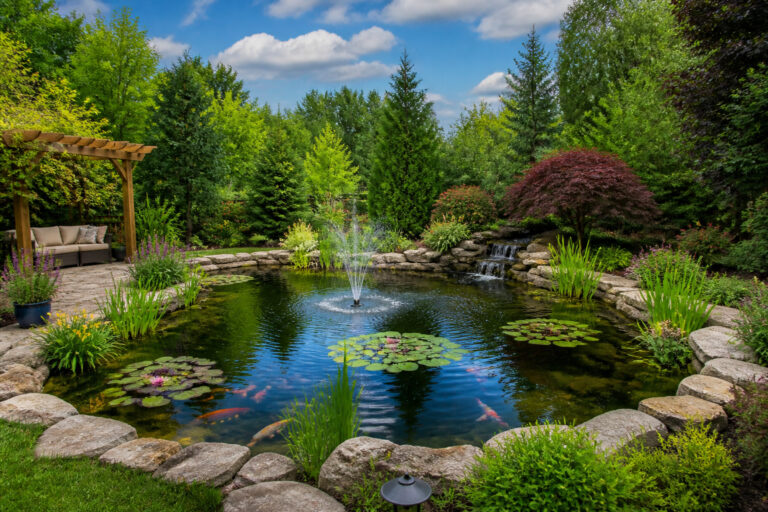Etang de jardin luxuriant avec fontaine et poissons
