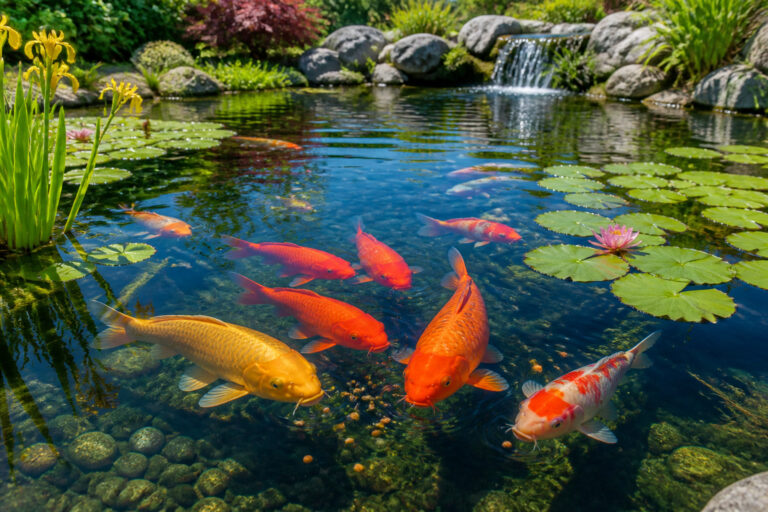 Etang luxuriant avec des carpes koi colorees