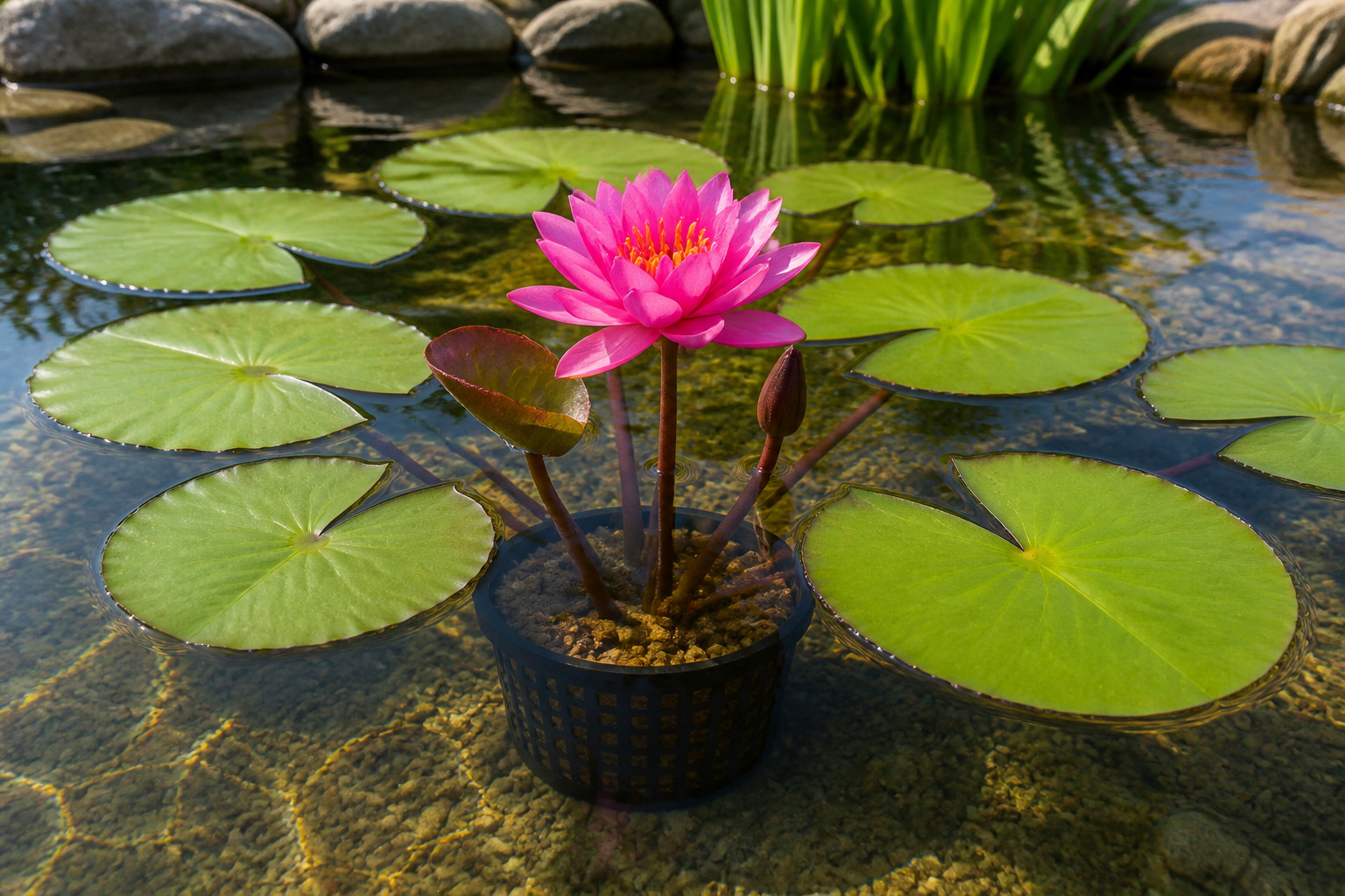 Nenuphar rose eclatant dans son panier aquatique