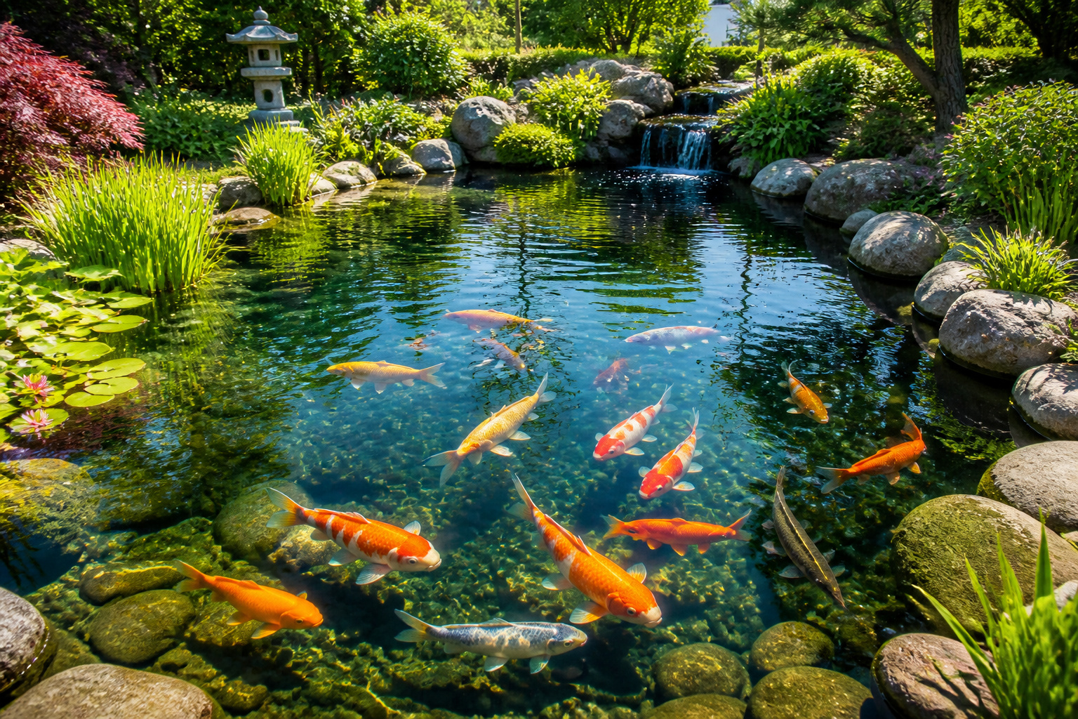 Etang de jardin luxuriant avec des poissons koi colores