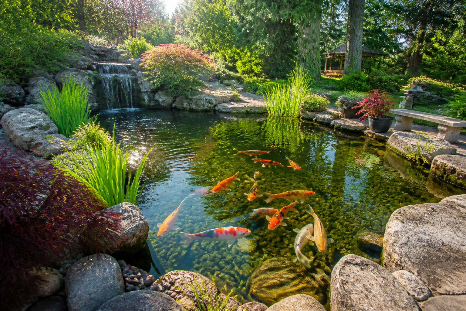 Etang de jardin paisible avec poissons koi