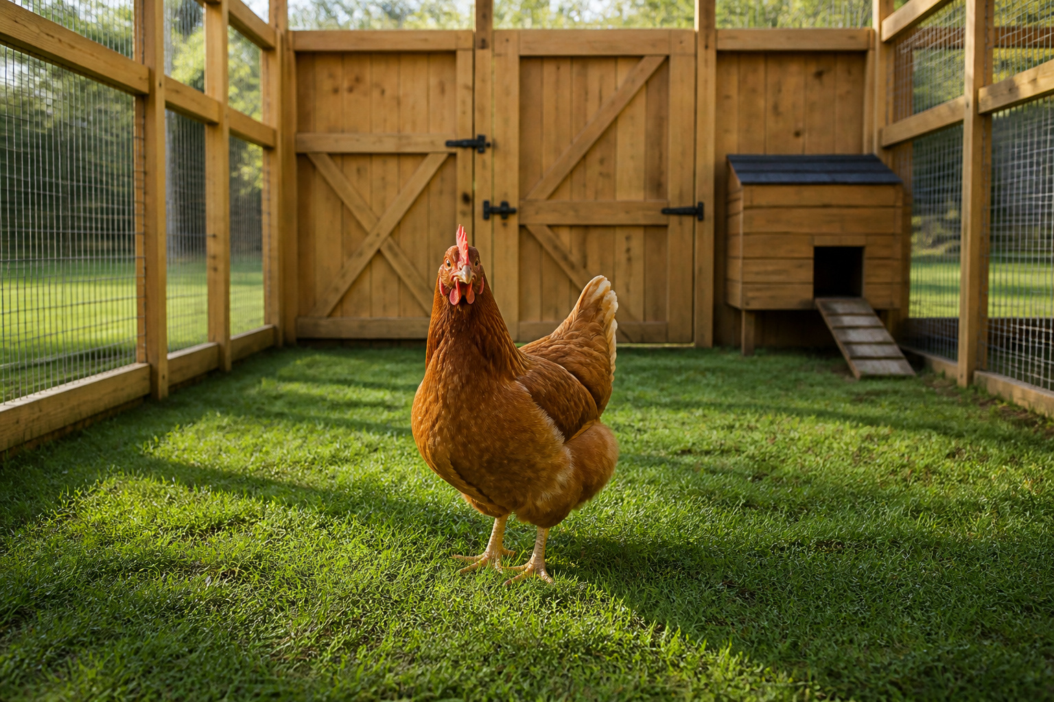Poule rousse dans son enclos securise