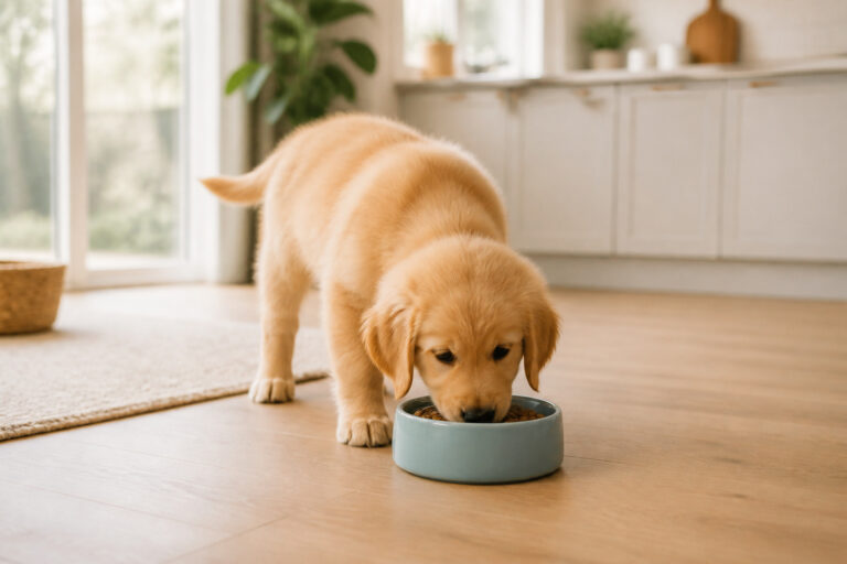 Golden retriever chiot degustant son repas