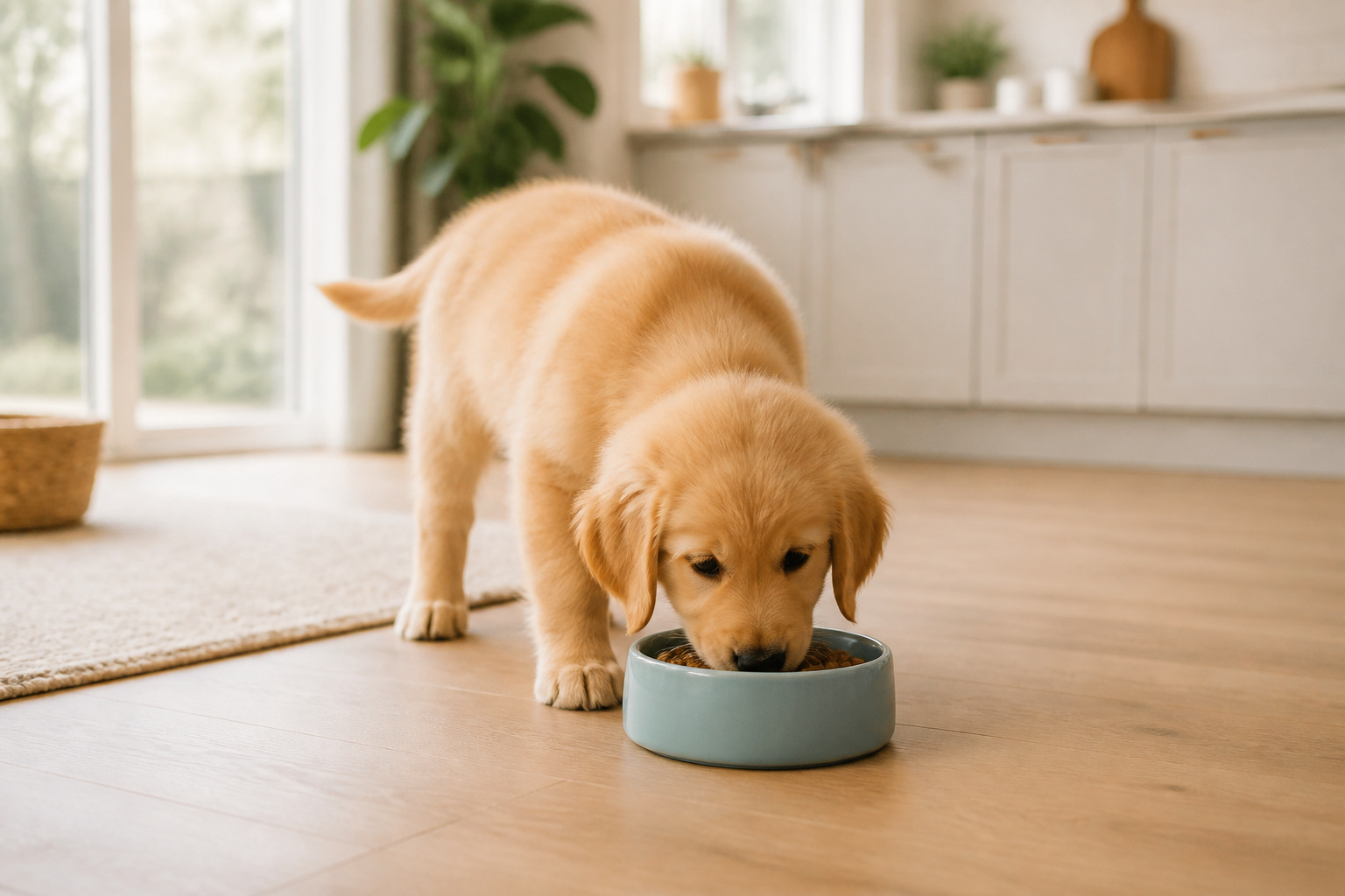 Golden retriever chiot degustant son repas