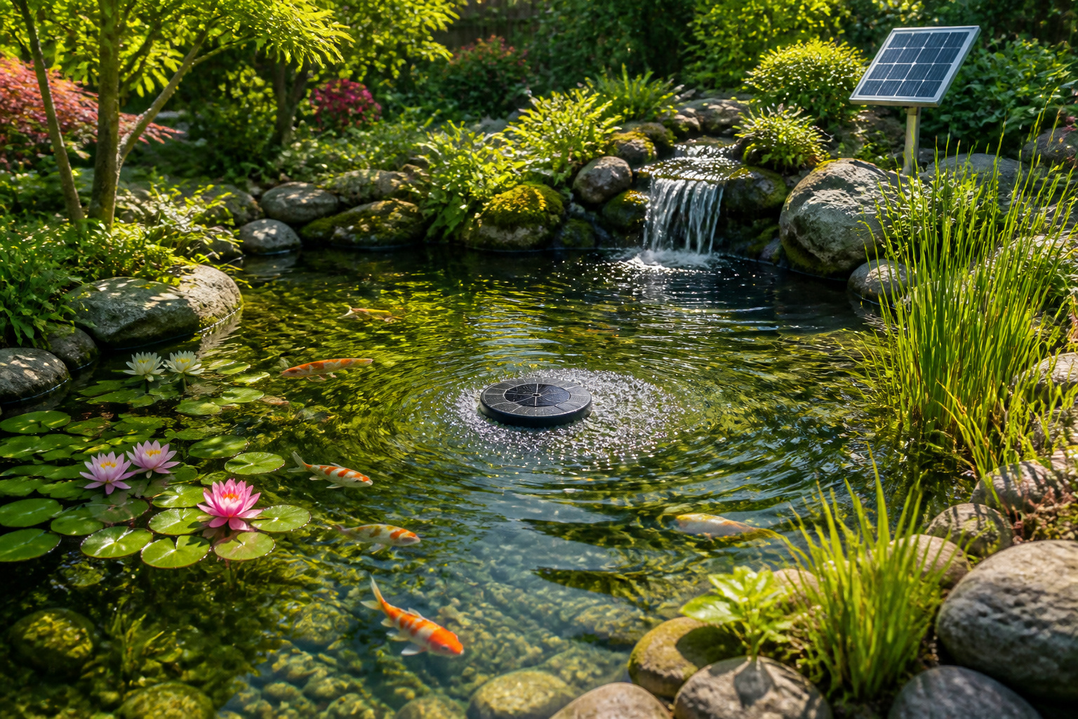 Etang de jardin serein avec poissons et aerateur solaire