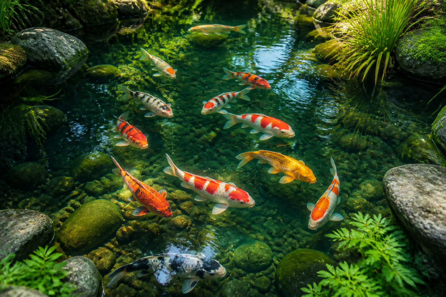 Etang de carpes koi serein