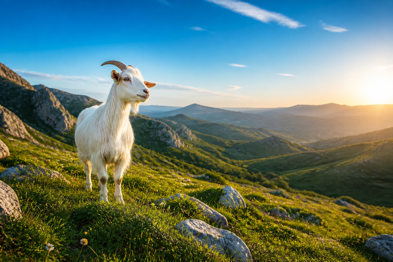 Chevre blanche dans un paysage montagneux