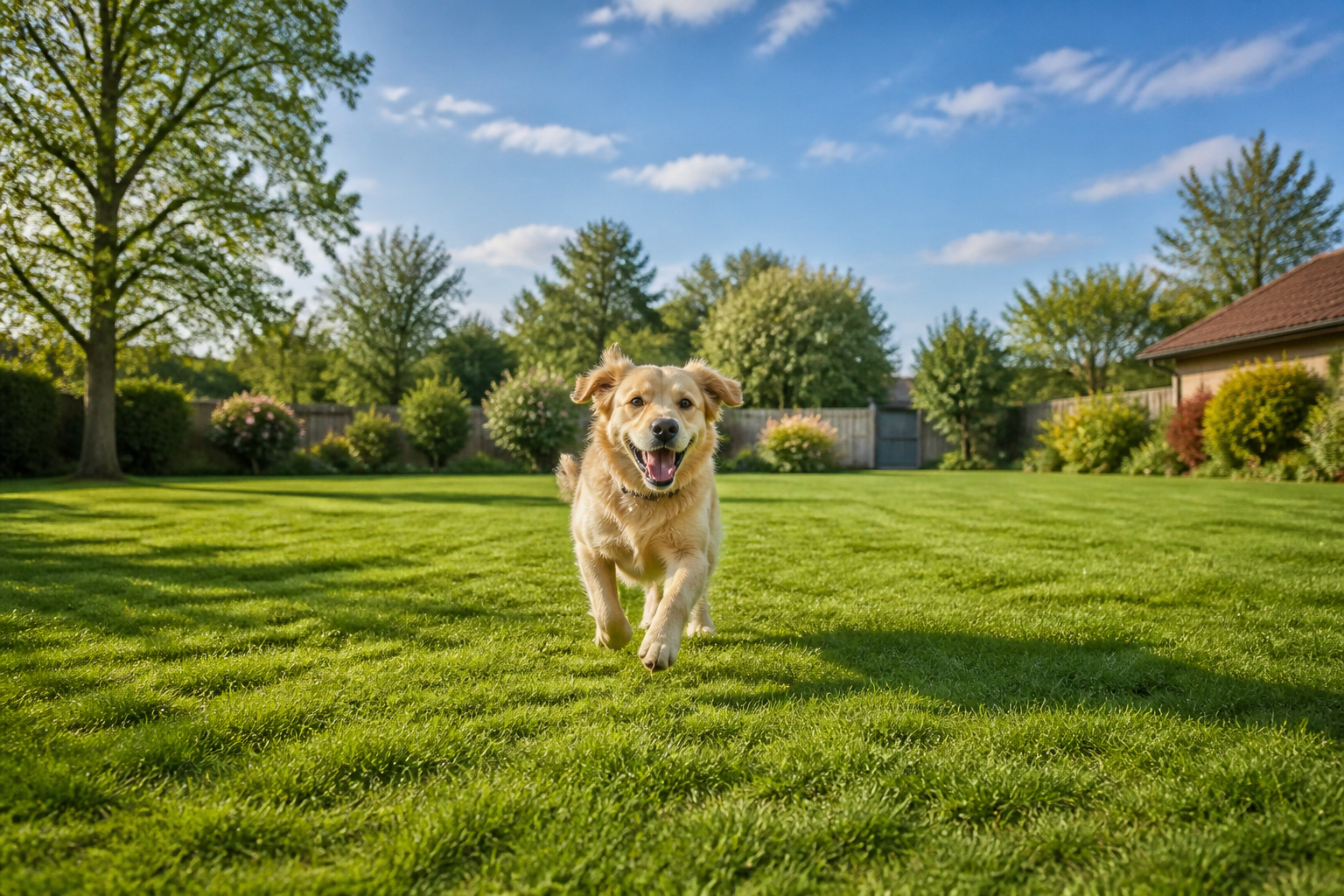 Chien joyeux courant dans un jardin verdoyant