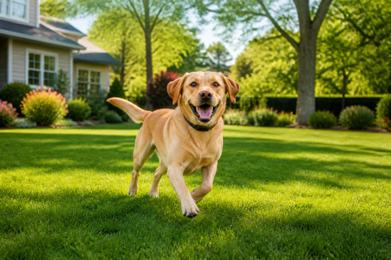 Chien heureux jouant dans un jardin securise