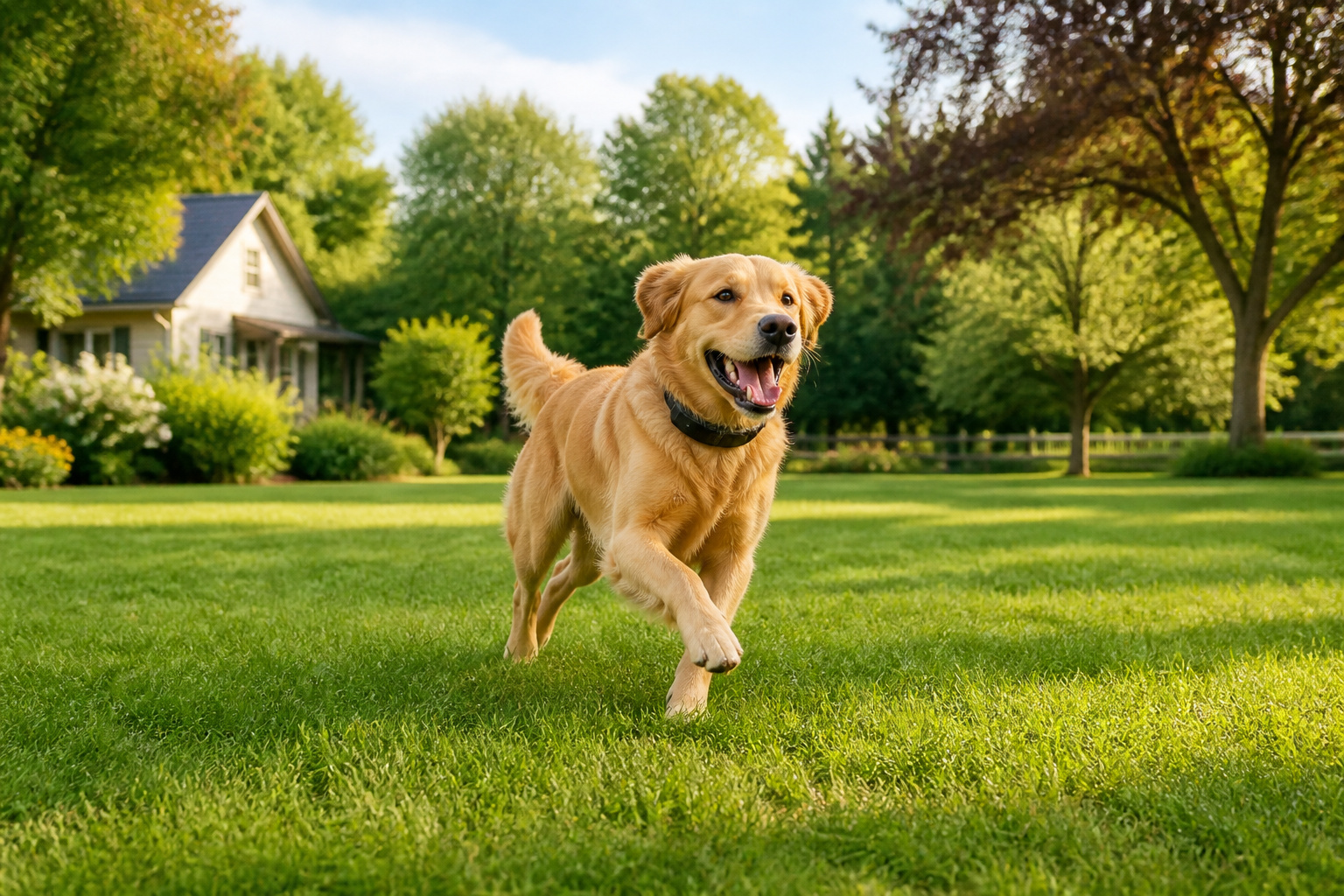Chien joyeux courant dans un jardin ensoleille