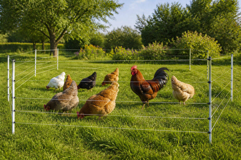 Poules et coq dans un enclos electrique