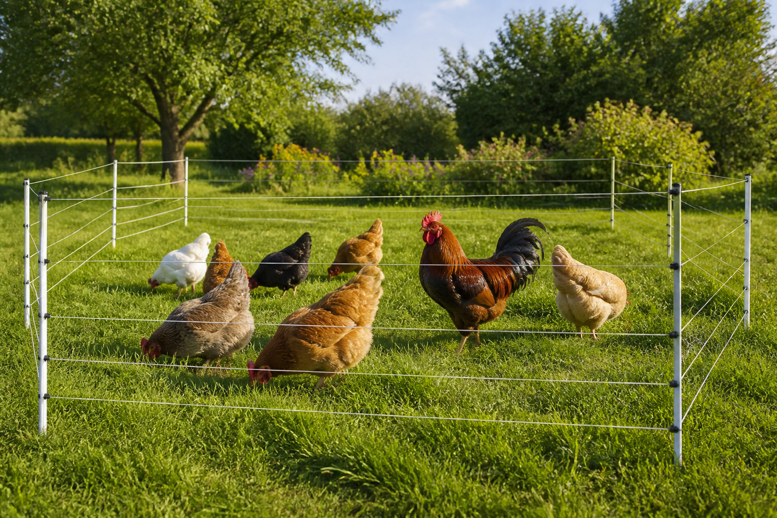 Poules et coq dans un enclos electrique