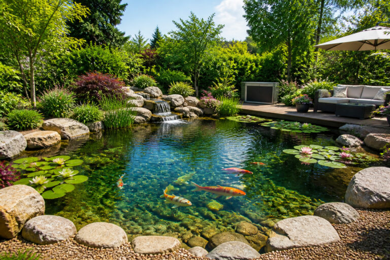 Etang de jardin paisible avec des kois