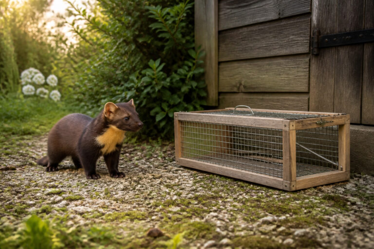 Fouine curieuse pres dune cage de capture