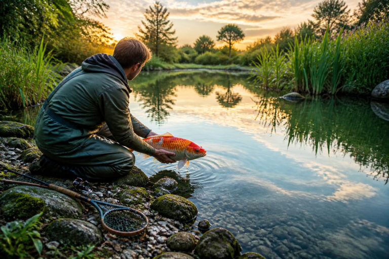 Pecheur et carpe koi au coucher du soleil