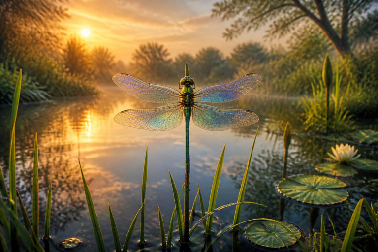 Libellule iridescente au lever du soleil