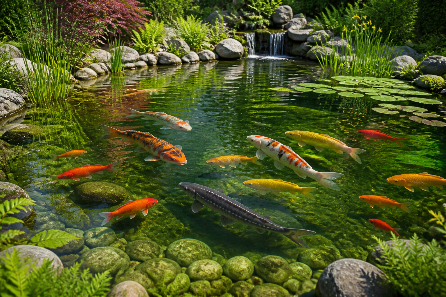 Jardin aquatique paisible aux poissons colores