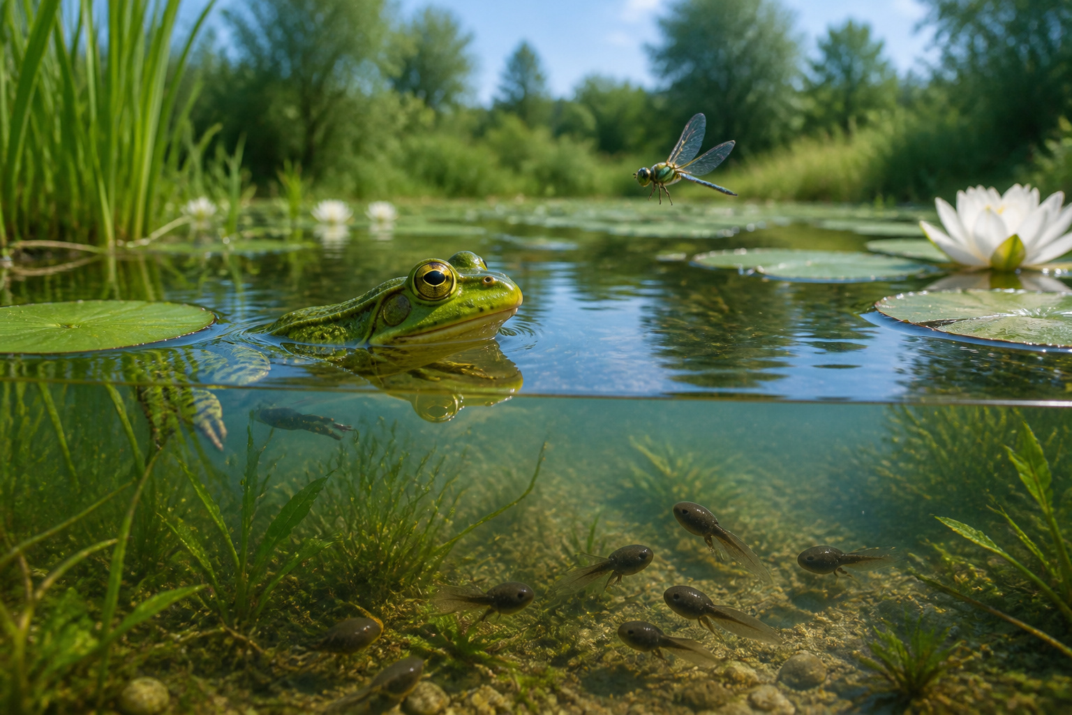 Grenouille et libellule dans un etang