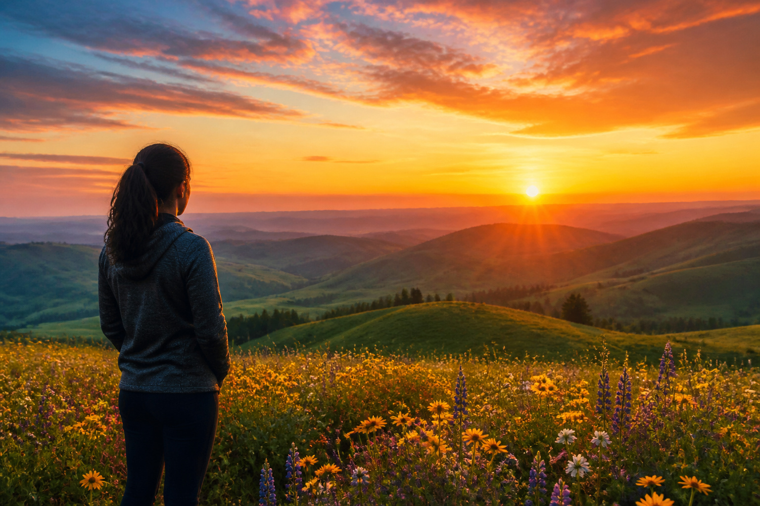Horizon dore sur champ de fleurs
